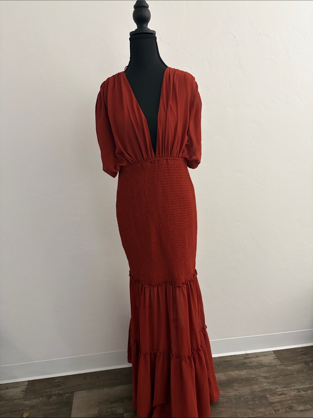 Fashion Nova Deep V Rust Maxi Dress